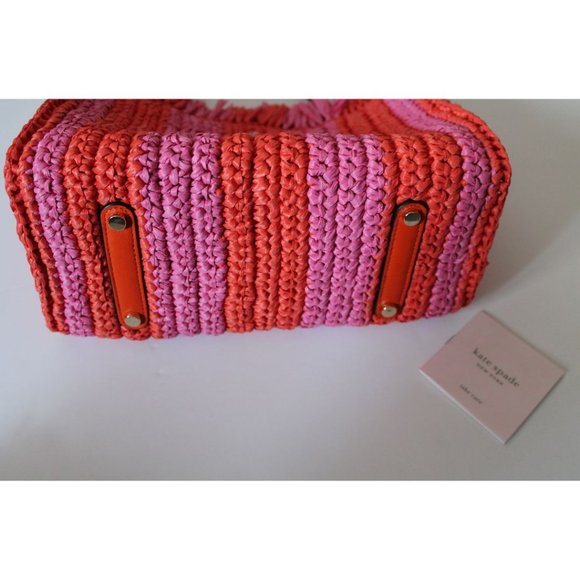 Kate Spade Sam Stripe Straw Medium Satchel in Juicy Orange - Picture 10 of 12